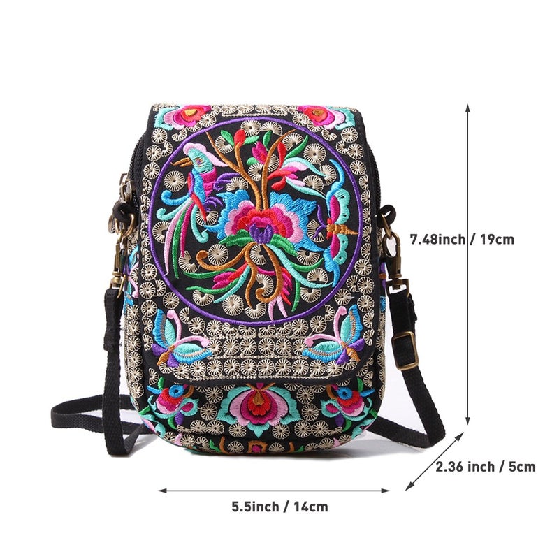 SILKAREA Embroidery Canvas Small Crossbody Purse Cell-phone Bag for Women's Cute Mini Messenger Bag Wristlet Wallet Bag (Blue + Flower) - Image 3